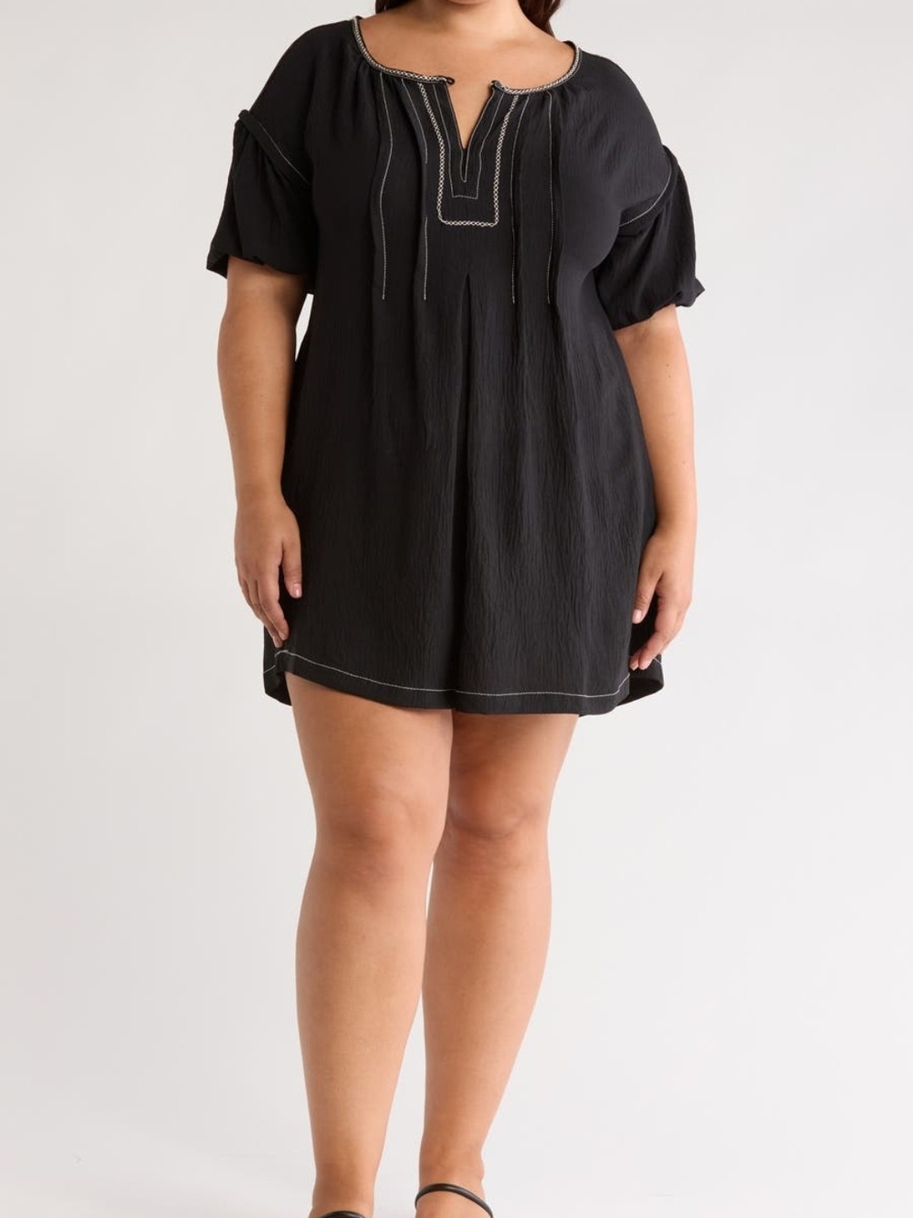 NWT Max Studio Black Mini Peasant Dress with Contrast Stitching